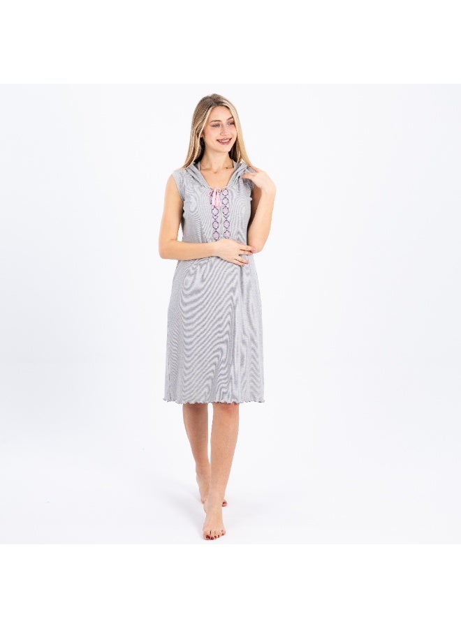 zecotex  Women's Ribbed Cotton Hooded Home Dress - Sleeveless Loungewear with Embroidered Neckline - Light Grey. - Image 1